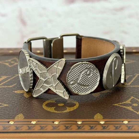 RARE Louis Vuitton Silver Brown Leather Removable Charm Bracelet - Picture 2 of 10